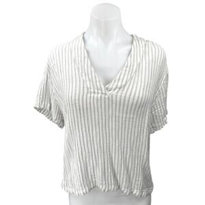 Outerknown White Gray Linen Striped V-neck Short Sleeve Shirt Blouse Top Size M